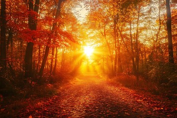 Fototapeta premium see a vivid scene of sun’s drop spilling its amber beams across a noble forest decked with boughs glowing in bold tones of fall as drifting fronds sway in a bright show 