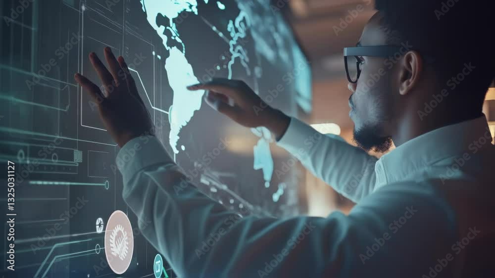 Poster software developer interacting with futuristic touchscreen, navigating through holographic interface
