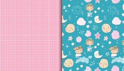 Set of baby patterns on light pink blue colors Girl boy Stars moon seamless background. Generated image
