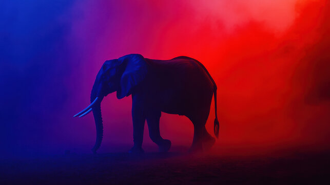 A bold silhouette of an African elephant with gracefully curved tusks, standing in profile against a rich red and indigo sky. The deep contrast between the dark figure and the glowing background enh - Powered by Adobe