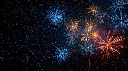 Fototapeta premium Colorful Fireworks Exploding Against Dark Starry Night Sky with Bright Lights and Festive Celebration
