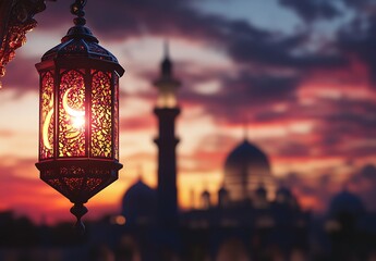 Hanging Lantern Silhouetted Against a Sunset Sky and Mosque

