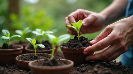 A close-up of a person's hands gently tending a small pots