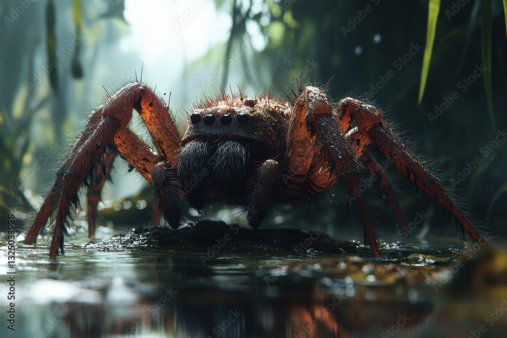 Poster close-up view of a large spider crawling over a rocky surface in a natural habitat during daylight h