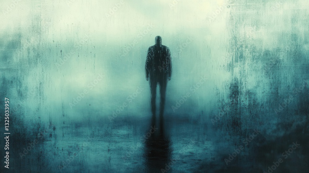 Poster Melancholic atmosphere with raindrops on a window and a lonely figure in soft blue and gray hues at dusk
