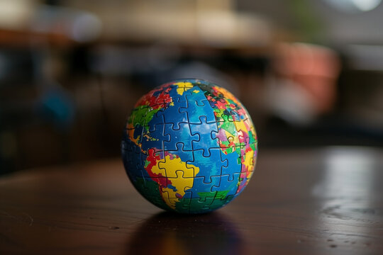 This image showcases a globe constructed entirely of jigsaw puzzle pieces, symbolizing global unity and interconnectedness. It sits on a wooden table, blurred background, and represents the effort of