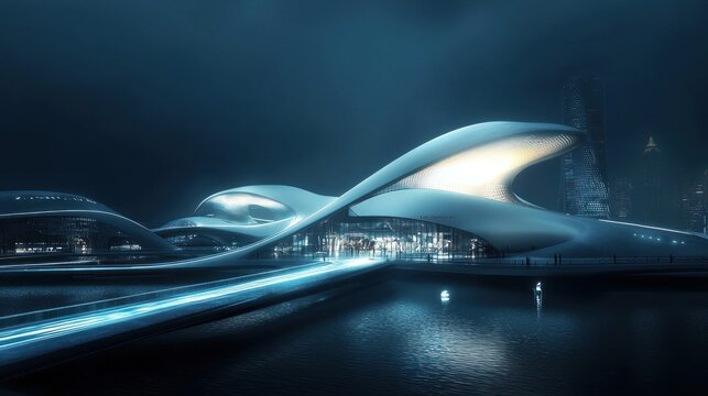 Futuristic architecture at night, illuminated, sleek design, waterfront.