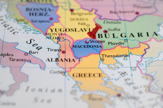 Colorful tourist location map with red stick pin at  Skopje, Macedonia, and the surrounding countries