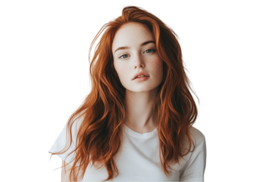 a beautiful young woman with long, wavy, ginger hair, wearing a white t-shirt