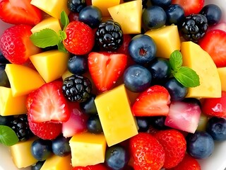 Colorful Fruit Salad Close Up Strawberries, Blueberries, Pineapple, Blackberries, Healthy Diet, Fresh Ingredients