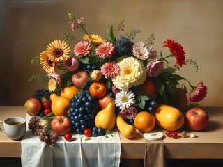 Exquisite Floral and Fruit Still Life Vibrant Colors, Artistic Composition, Food and Flower Arrangement. © JARVIS X