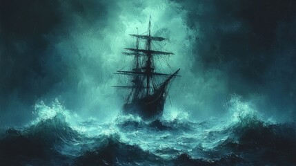 Fototapeta premium A silhouette of a ship sailing through turbulent waters, with towering waves crashing against its hull, under a stormy sky. 