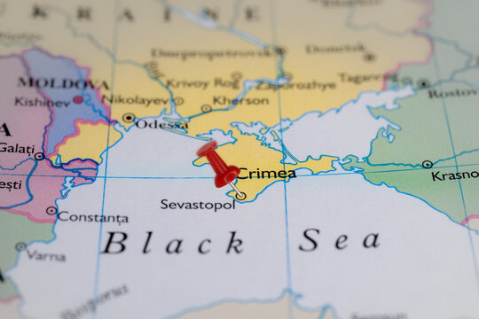 Colorful tourist location map with red stick pin at  Sevastopol, Crimea, Ukraine, and the surrounding countries