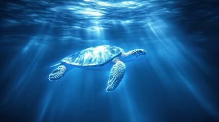 Obraz premium Sea Turtle Swimming in Sunbeams Underwater