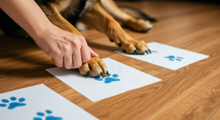 Obraz premium Dog paw print art activity – a close-up of a person pressing a dog's paw on paper to create blue prints, National Pet Day