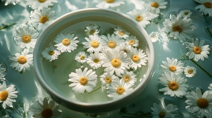 Top-down view of a teacup with floating chamomile flowers, soft natural light