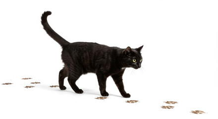 Obraz premium Curious black cat following paw prints on white background, National Pet Day