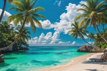 Fototapeta premium Mesmerizing Tropical Beach Vista with Cerulean Waters and Lush Palm Trees for Tranquil Summer Relaxation