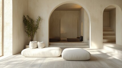 Beige minimalist living room with arches