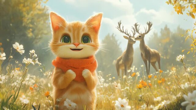 A cartoon-style orange kitty with big green rounded eyes and an orange scarf, joyfully clapping its paws as it watches a majestic deer and elk jump gracefully through a meadow. The scene is set with s