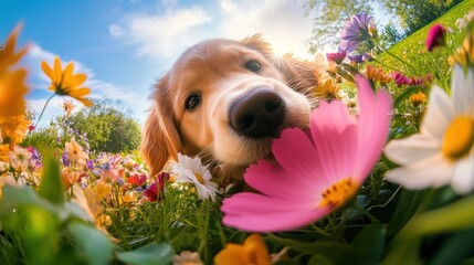Golden Retriever's Playful Peek: A Bloom-Filled Moment in Springtime
