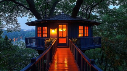 A silhouette of a treehouse perched high in the branches of an ancient oak, surrounded by the quiet hush of twilight, evoking nostalgia and childhood wonder. 