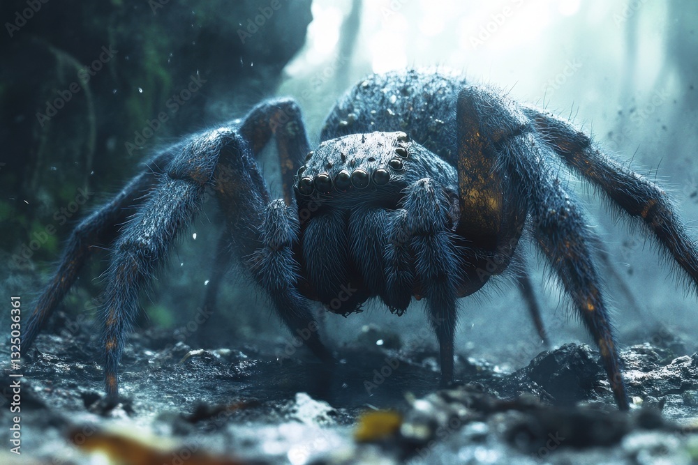 Poster close-up view of a large spider crawling over a rocky surface in a natural habitat during daylight h