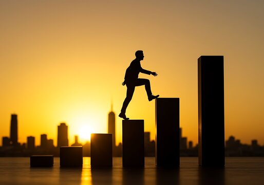 Man Climbing Graphic Bar Steps Towards a City Skyline at Sunset