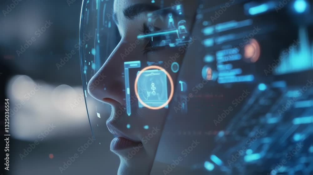 Poster close up profile of female astronaut wearing spacesuit helmet with transparent visor displaying holo