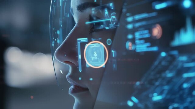 Close up profile of female astronaut wearing spacesuit helmet with transparent visor displaying holographic head up display interface with data. Charts and telemetry information while exploring space