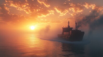 Obraz premium A cargo ship sailing through the ocean, misty sunrise background