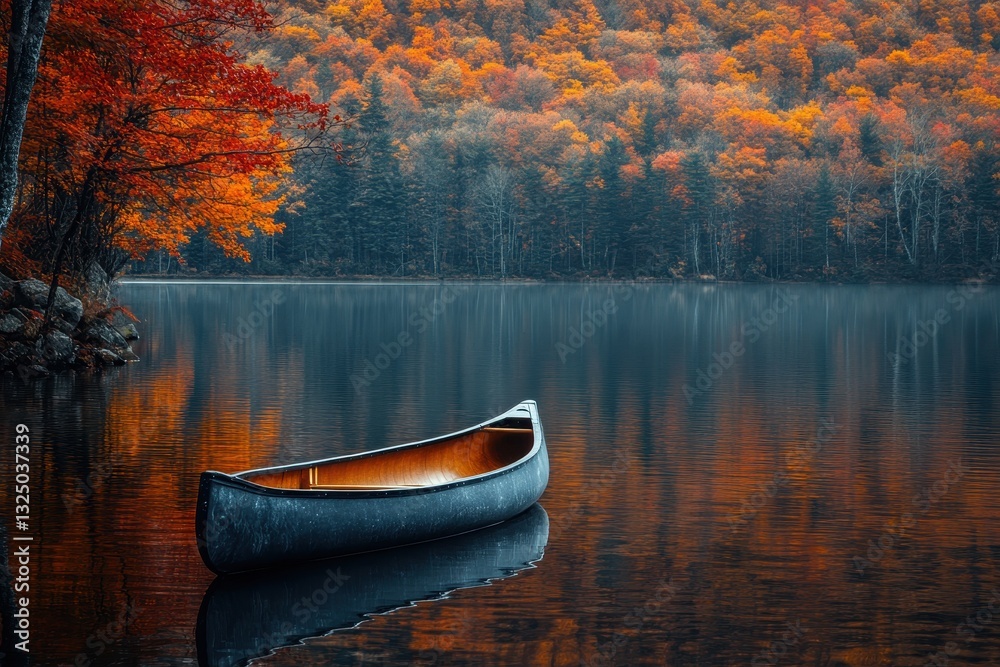 Aufkleber canoe floating on calm lake surrounded by vibrant autumn foliage in a tranquil setting at sunset