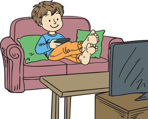 Hand-drawn illustration of a happy boy relaxing on a couch while watching TV, symbolizing leisure and screen time habits. Ideal for educational content, parenting topics, and lifestyle materials.