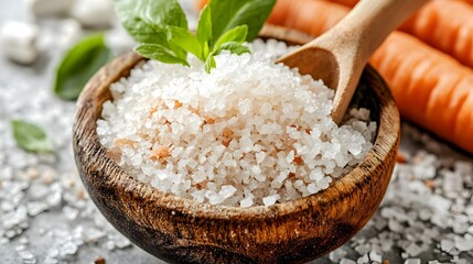Wooden Bowl of Pink Himalayan Salt with Carrots and Basil