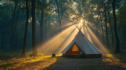 Sunrise Tipi in Misty Forest