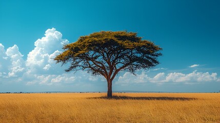 Lone acacia tree in golden savanna under a vibrant sky