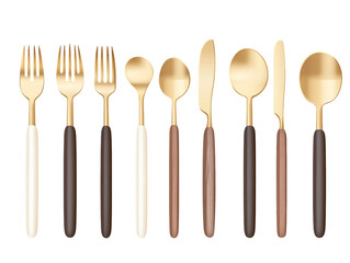 Gold And Dark Brown White Cutlery Set On Transparent Background, PNG
