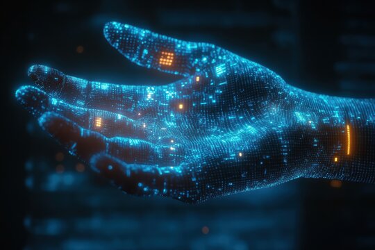 Silhouette of a hand featuring biometric scanners in a digital setting