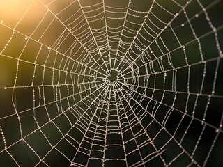 Obraz premium Dew-covered spiderweb close-up against blurred green background, nature's intricate design.
