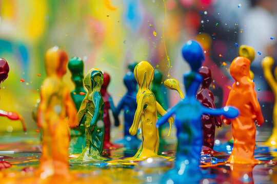 A dynamic display features paint sculptures in vivid colors. Each figure blends into the background, embodying the theme of unity. The abstract style emphasizes the spirit of teamwork.