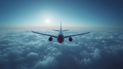 Fototapeta premium A commercial airplane flying above the clouds, clean blue sky