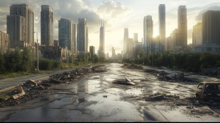 Fototapeta premium A post-apocalyptic urban landscape with overgrown vegetation and abandoned vehicles.