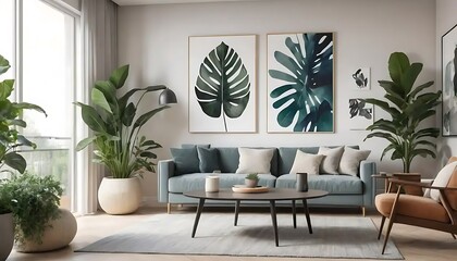 Fototapeta premium Contemporary living room interior decorated with plants and botanical artwork