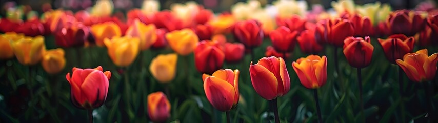 Fototapeta premium Vibrant tulip field with red, yellow, and orange flowers in full bloom