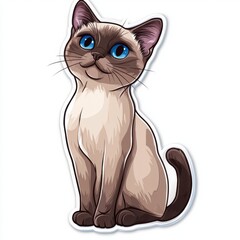 Obraz premium Adorable illustration of a Siamese cat, sitting and gazing upward with bright blue eyes. The creamy beige and light brown fur is beautifully detailed.