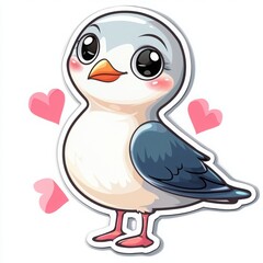 Obraz premium Adorable cartoon seagull with big eyes and pink hearts. Perfect for kids' illustrations, stickers, or greeting cards.