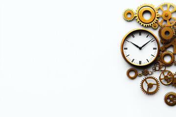 old style clock and gears on white background, abstract gold dial on white background, space for inscriptions