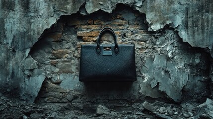 A designer handbag gently emerging from a broken matte-textured wall