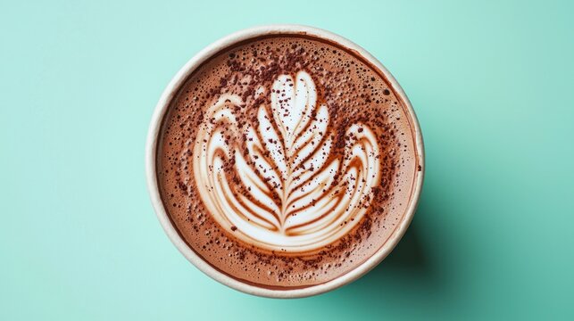 Top view of a cup of hot chocolate with latte art.