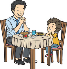 Hand-drawn illustration of a father and son sharing a meal at the dinner table, highlighting family bonding and quality time. Ideal for children’s books, parenting content, and educational materials.